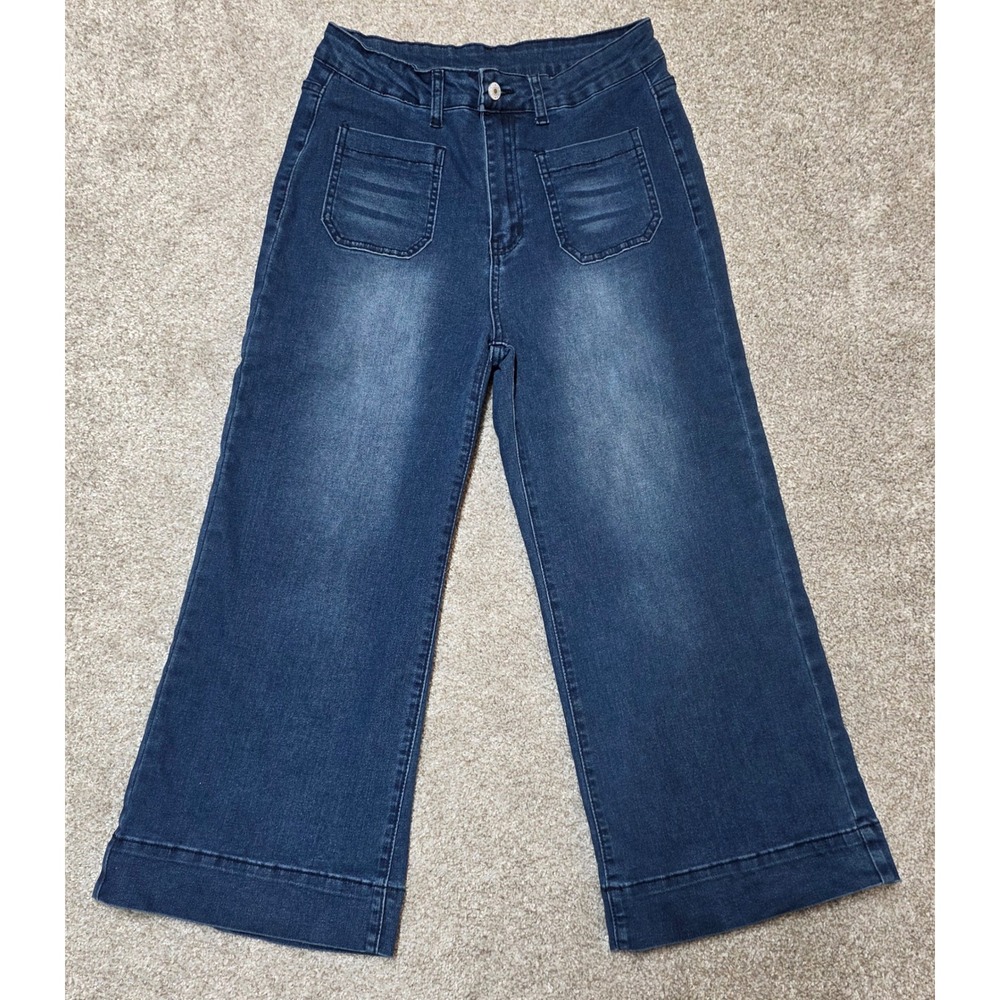 Unbranded Women Dark Wash Wide Leg Crop Jeans Front Patch Pockets Size Large
407